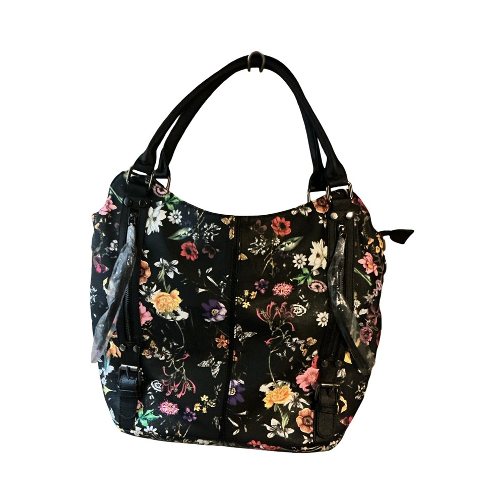 Realer Floral Butterfly Black Faux Leather Hobo Tote Shoulder Bag with Pouch - Picture 9 of 9